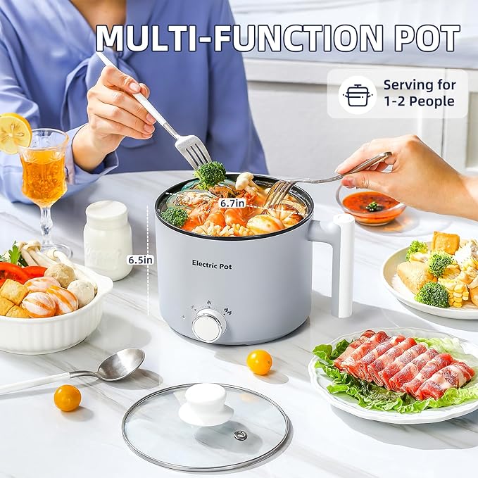 Electric Hot Pot:1.5 L Ramen Cooker, Dual Power Mini Portable Multi-Functional Lazy Pot for Pasta, Noodles, Egg, Soup, Non-Stick Noodle Cooker with Boil Dry Protection for Dorm, Office (Grey)