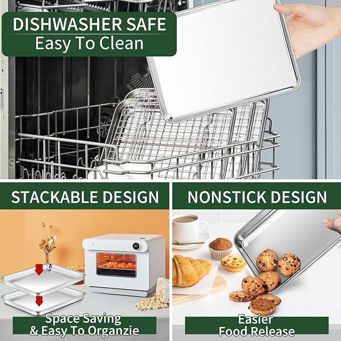 Baking Sheet with Wire Rack Set [2 Quarter Sheet Pans + 2 Wire Racks ], CEKEE Stainless Steel Cookie Sheets for Baking with Baking Rack, Non Toxic & Heavy Duty & Easy Clean, Size 12 x 10 x 1 Inch