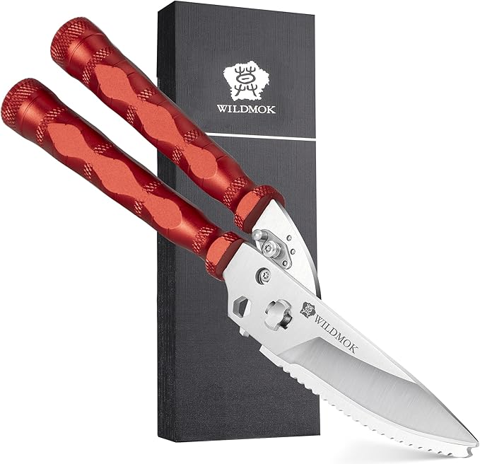 WILDMOK Heavy Duty Poultry Shears - 8.5 Inch Multi-function Stainless Steel Poultry Outdoor Shears, Ultra Sharp Kitchen Scissors for Outdoor Camp, Red