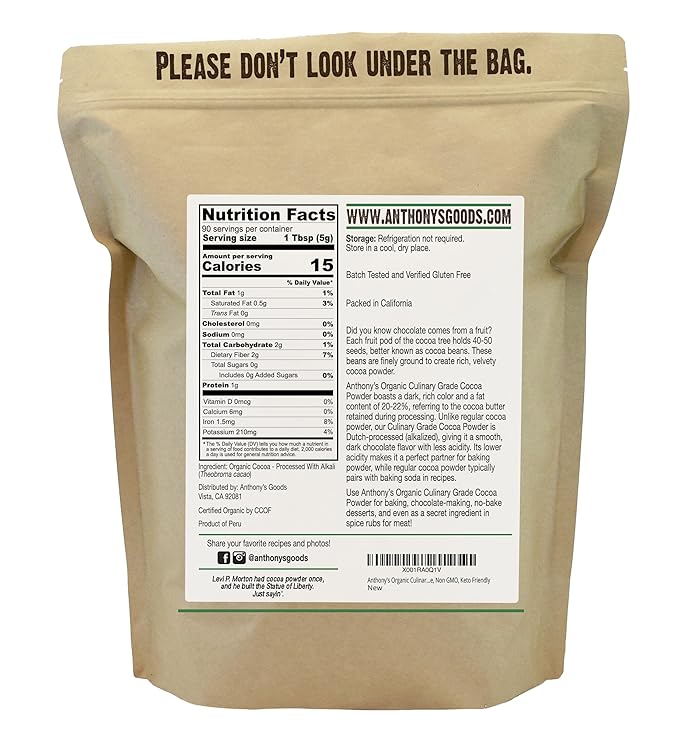 Anthony's Organic Culinary Grade Cocoa Powder, 1 lb, Dutch Processed Baking Cocoa, Gluten Free, Non GMO, Keto Friendly