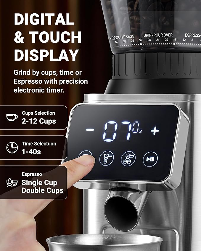 AMZCHEF Coffee Grinder, Coffee Bean Grinder for Home Use with Precise Grinding, LED Control Panel, Detachable Funnel Stand, Anti-static Design, 45 Grind Settings, Silver