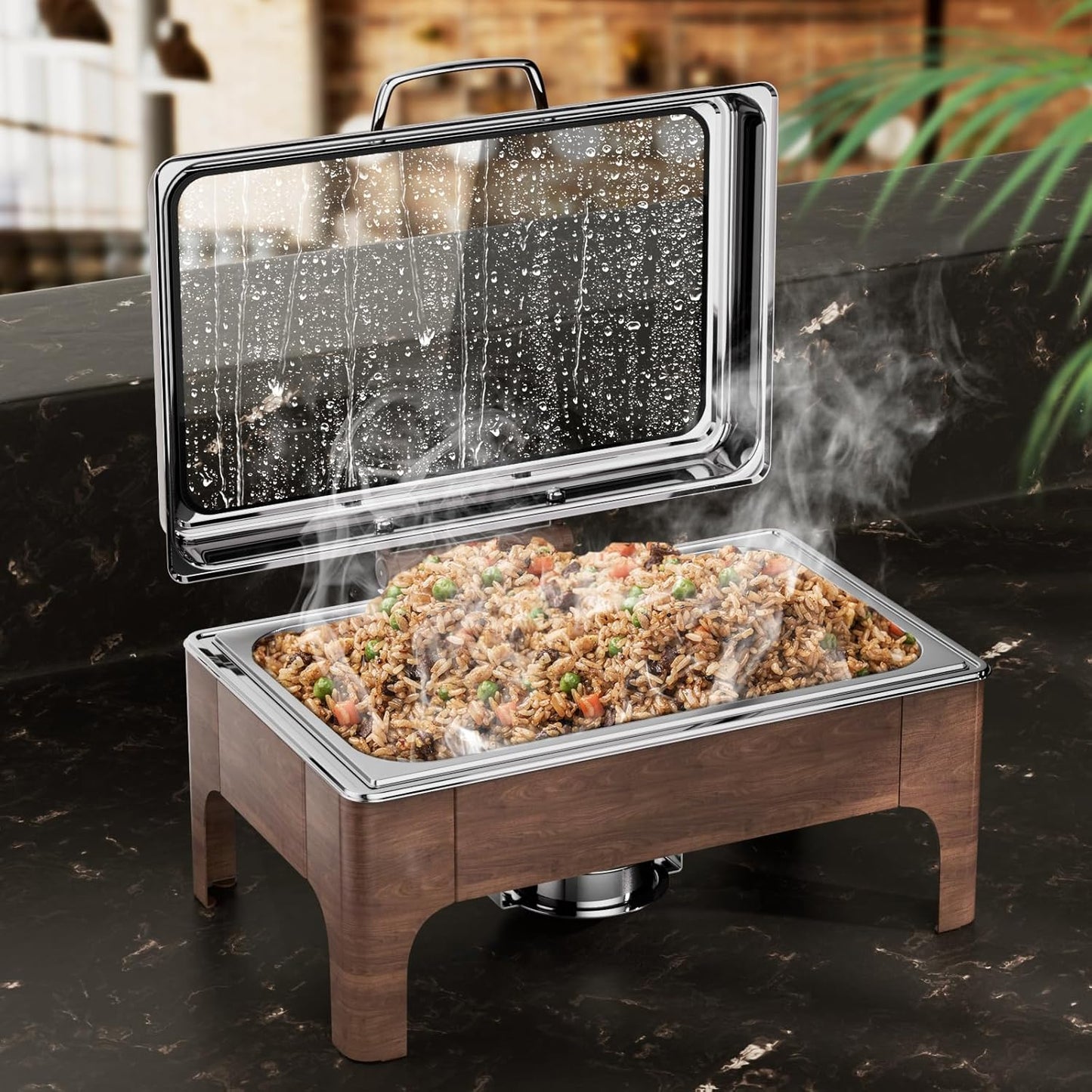 Chafing Dishes for Buffet, 9.5QT Square Stainless Steel Chafing Dish with Transparent Hydraulic Lid, 304 Food Pan, Buffet Warmer for Parties and Events (Wood Color)