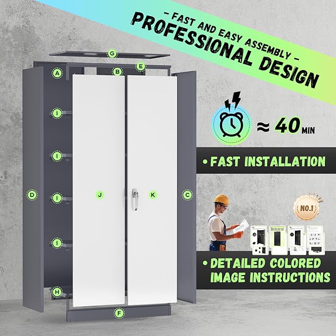 INTERGREAT Storage Cabinet, 72” Steel Locking Closet with Doors and 4 Adjustable Shelves, Tool Unit for Home Office, Garage & Tall Lockable File Cabinet, Grey White.