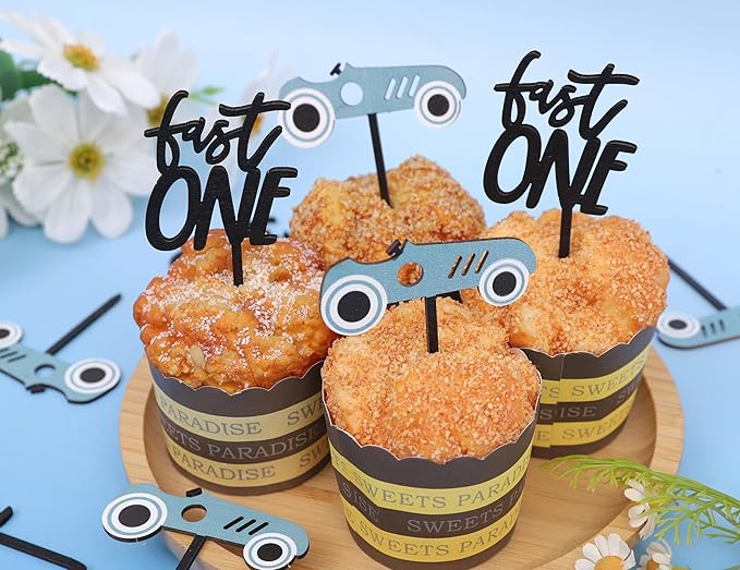 Wooden Race Car Cupcake Toppers - Fast One Cupcake Topper,First Fast One Birthday Decorations,Fast One Birthday Theme Topper(fast one cake topper)