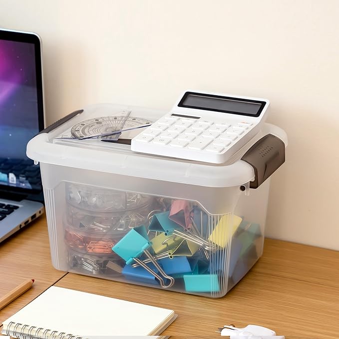 Citylife 4 Packs 6 QT Storage Bins with Lids Clear Plastic Bins with Grey Handle Stackable Storage Containers for Organizing