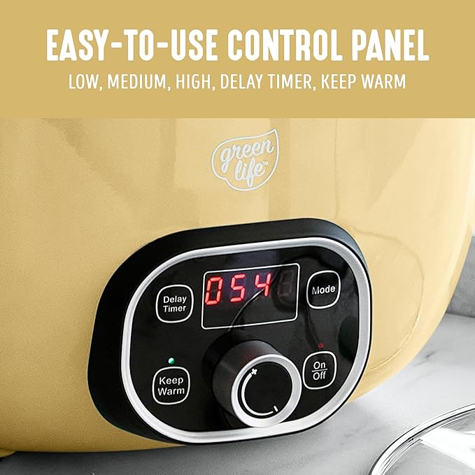 GreenLife 6QT Slow Cooker, Non-Toxic PFAS-Free Ceramic Nonstick Removable Interior Bowl, Programmable, Family Friendly, Keep Warm, Stovetop & Oven Safe, Dishwasher Safe Parts, Timer, Glass Lid, Yellow
