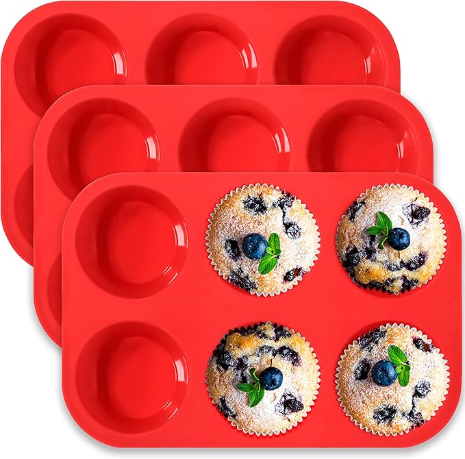 Anaeat Silicone Muffin Pan - 6 Cups Non-Stick Cupcake Molds, Food Grade Silicone Baking Tray for Making Egg Muffin, Cupcake, Quiches, Tart and Desserts, Reusable Muffin Tin Just Pop Out (3 Pack)