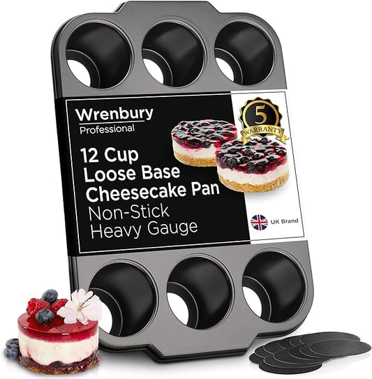 Wrenbury Pro Mini Cheesecake Pans Removable Bottom 12 Hole - Heavy Gauge Carbon Steel Muffin Cupcake Pan Loose Bottom Springform for Baking - 3 Inch Individual Cheesecakes Tin - PFOA Free