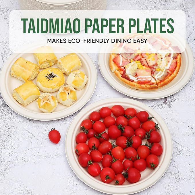 9 Inch Compostable Paper Plates (100 Pack) - Eco-Friendly Disposable Dinnerware for Parties, Microwavable & Water/Oil Resistant - 100% Biodegradable Heavy Duty Brown Plates for Events, Picnics