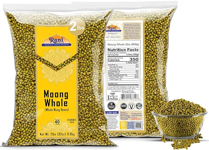 Rani Moong Whole (Ideal for cooking & sprouting, Whole Mung Beans with skin) Lentils Indian 32oz (2lbs) 908g ~ All Natural | Gluten Friendly | Non-GMO | Kosher | Vegan | Indian Origin