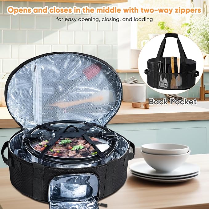 Insulated Slow Cooker Carrying Bag for 6-8 Quart CrockPot and Hamilton Beach Slow Cooker with See-thought Window, Portable Carrier Case with Adjustable Band and Accessory Pocket
