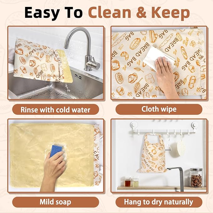 2 Pack Beeswax Bread Bags - Large Reusable Cotton Linen Food Storage Covers for Sourdough & Homemade Bread, Waxed Bags Keep Bread Fresh, Proofing Bag Freezer-Safe, Easy Clean