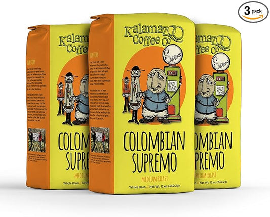 KALAMAZOO COFFEE COMPANY Colombian Supremo Whole Bean Coffee - Medium Roast | 12oz Bag (3 Pack)