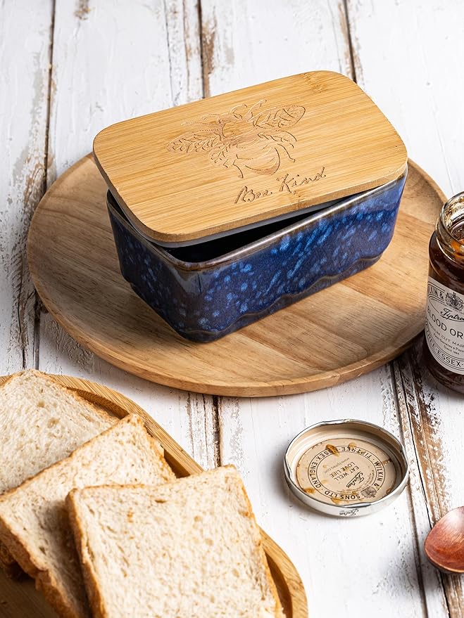 Ceramic Butter Dish with Lid, Covered Butter Dish for Countertop, Airtight Butter Holder Crock with Airtight Seal, HoneyBee Kitchen Decor, Blue
