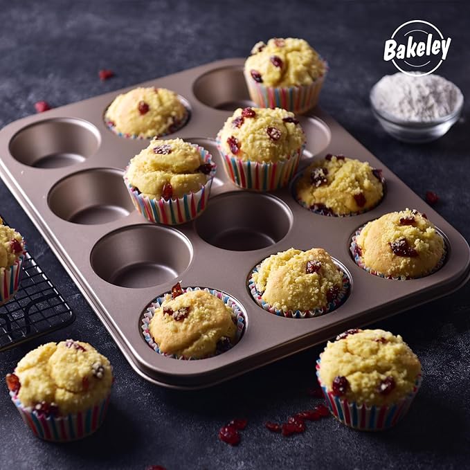 Muffin Cake Pan, 12-Cavity Non-Stick Cupcake Pan Bakeware for Oven Baking (Champagne Gold)
