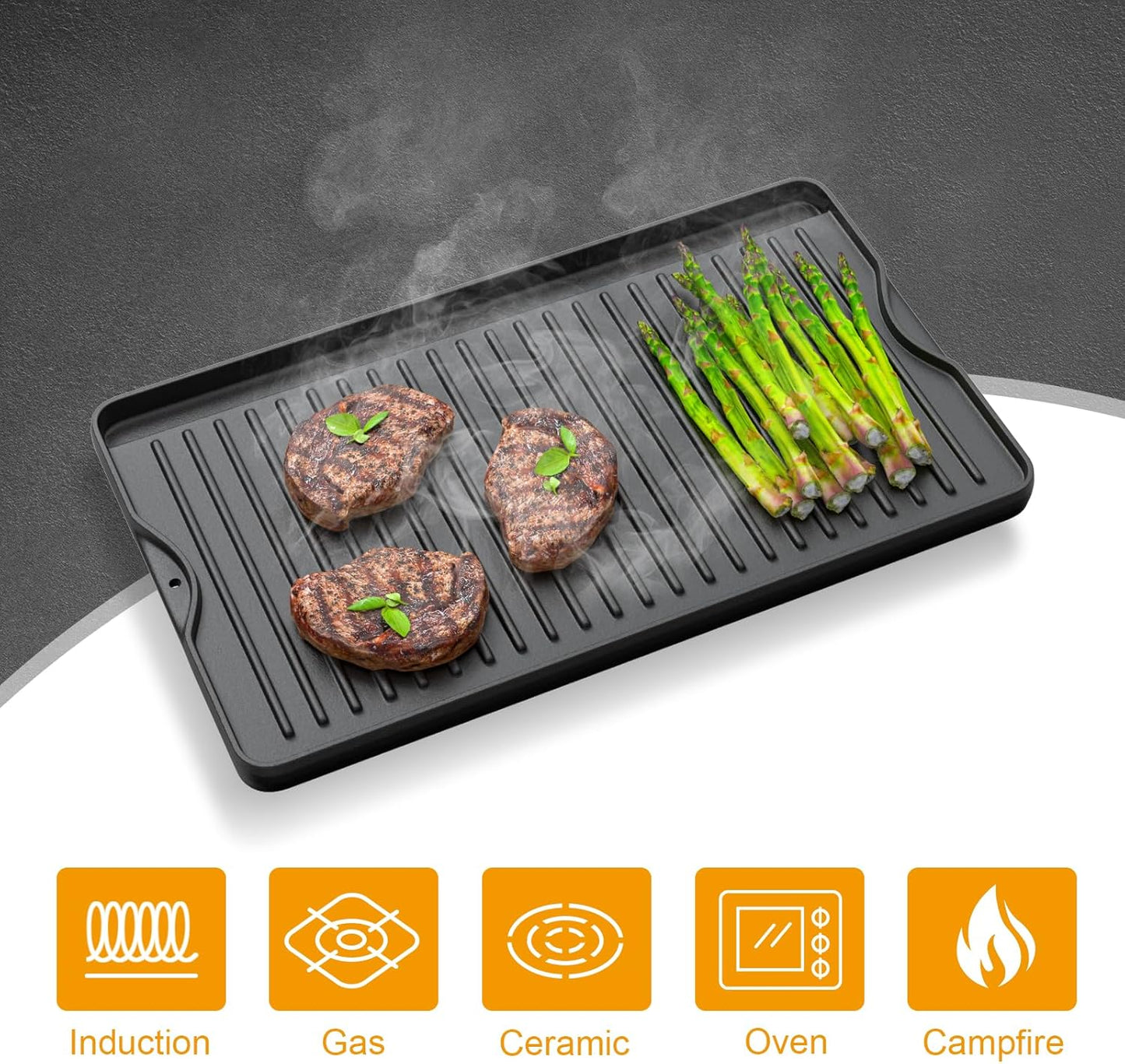 AJinTeby 2-in-1 Reversible 16” x 24” Pre-Seasoned Cast Iron Cooking Griddle for Gas Stove/Charcoal/Electric/Propane/Gas Grill, Flat Griddle Top Plate for Camping Tailgating