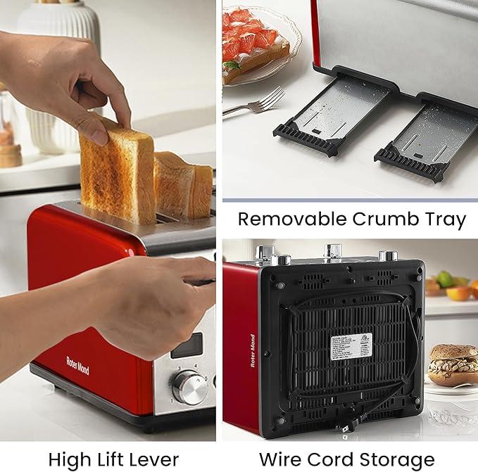 Countdown Stainless Steel 4 Slice Toaster with Bagel, Defrost, Cancel Function, Dual Toaster, Extra Wide Slots, 6 Shade Settings, Removable Crumb Trays, 1650W, Red