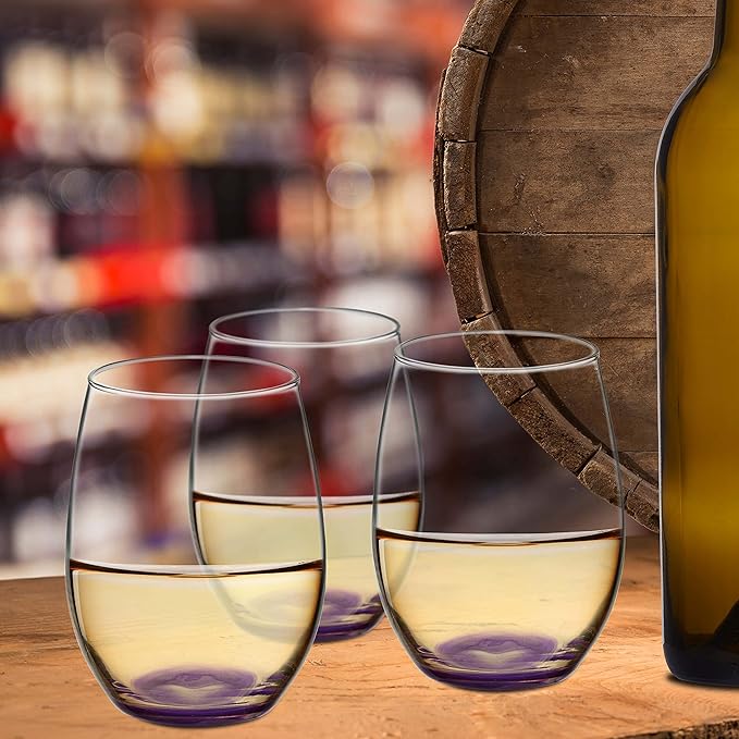 DISCOUNT PROMOS 10 ARC Stemless Wine Glasses Set, 21 oz. - Chardonnay, Cabernet, Merlot, Sauvignon - Purple