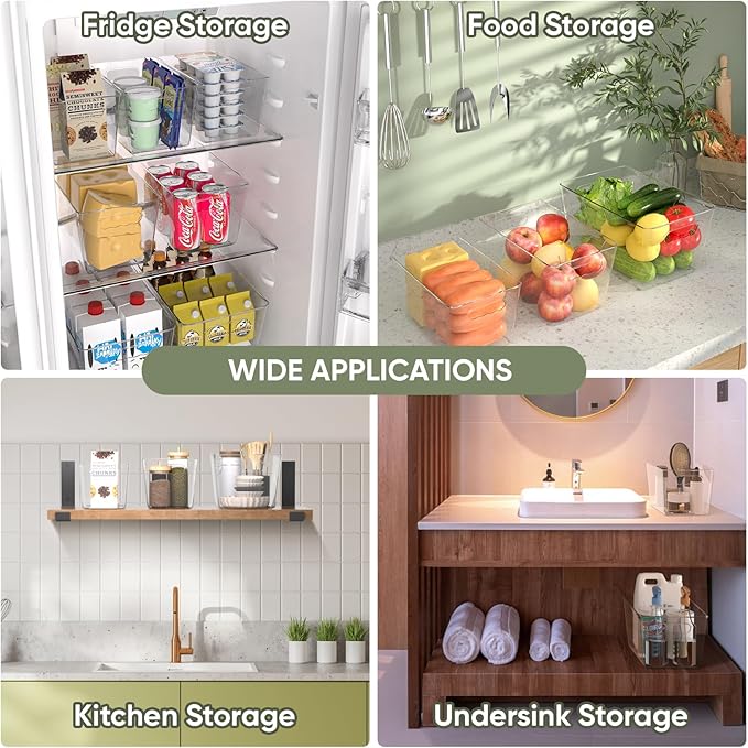 BALEINE Clear Plastic Storage Bins, Pantry Organization, BPA Free Stackable Refrigerator Organizers and Storage with Handles for Kitchen Fridge Cabinet Bathroom (4PK, 9.5x5.5x4.5)