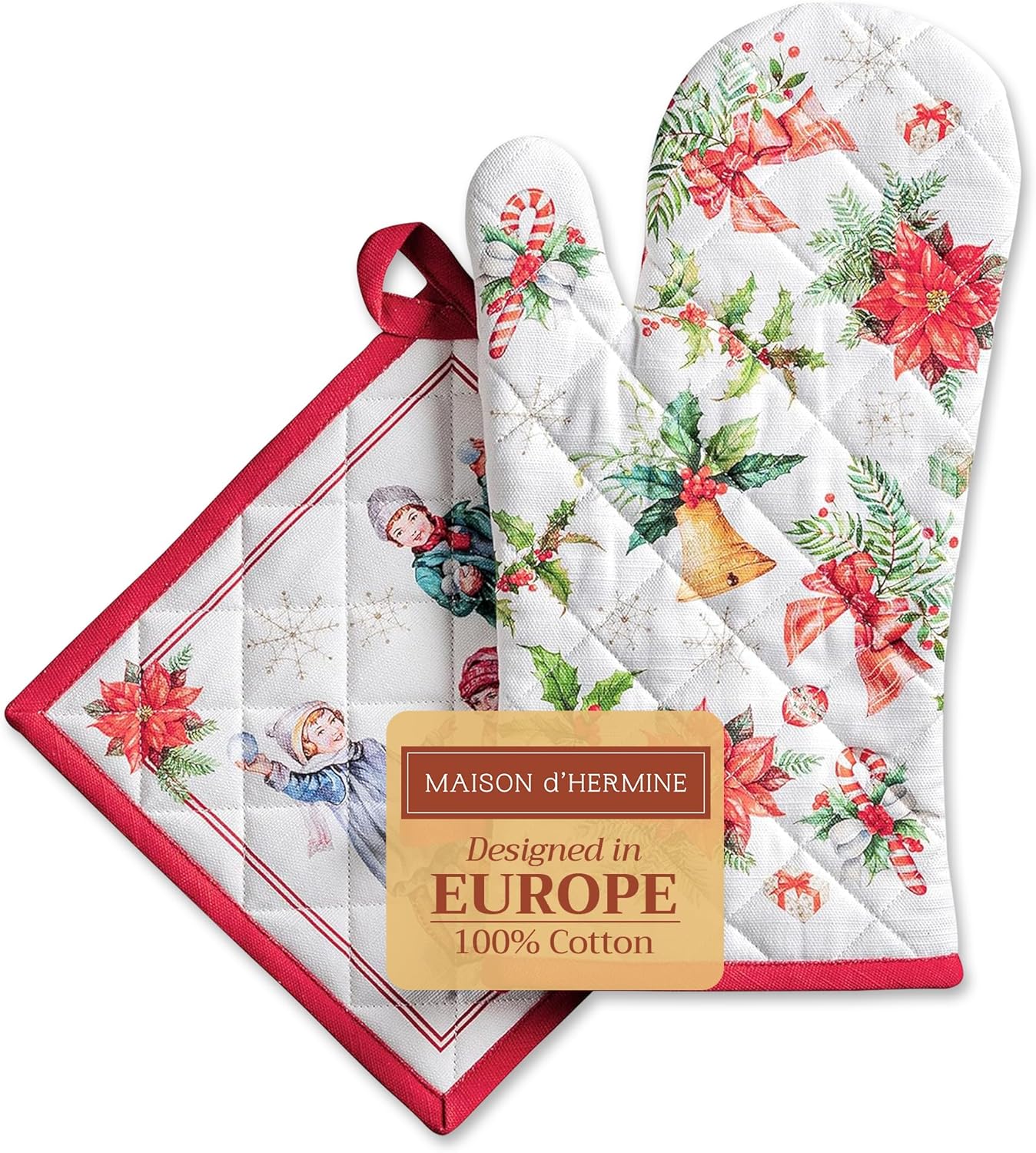 Maison d' Hermine 100% Cotton Oven Mitt & Pot Holder Set (7.5"x13" & 8"x8") Heat Resistant BBQ Cooking Gloves with Loop, Baking, Grilling, Kitchen, Handling Hot Pans (Chromo)