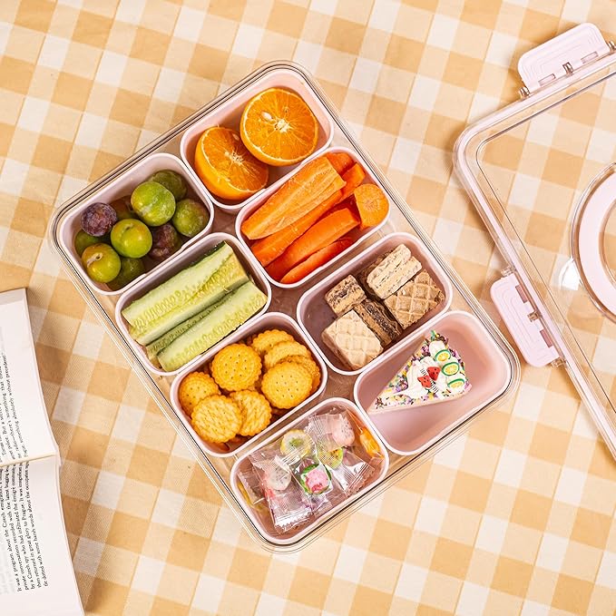 Divided Serving Tray with Lid and Handle - Snackle Box Charcuterie Container for Portable Snack Platters Organizer for Candy, Fruits, Nuts, Snacks - Perfect for Party, Entertaining, Pink