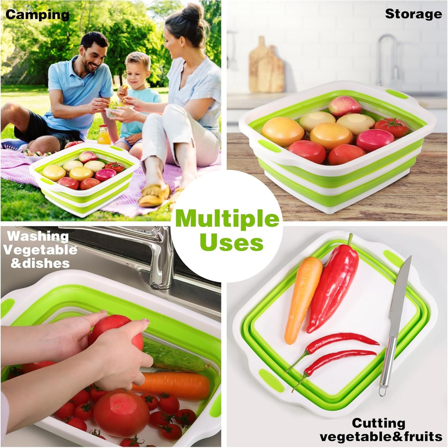 2 Pack Collapsible Cutting Board, Foldable Dish Tub with Draining Hole, Portable Chopping Board with Colander, 3 in 1 Multifunction Camping Sink for Washing Dish, Bowl, Vegetables and Fruit