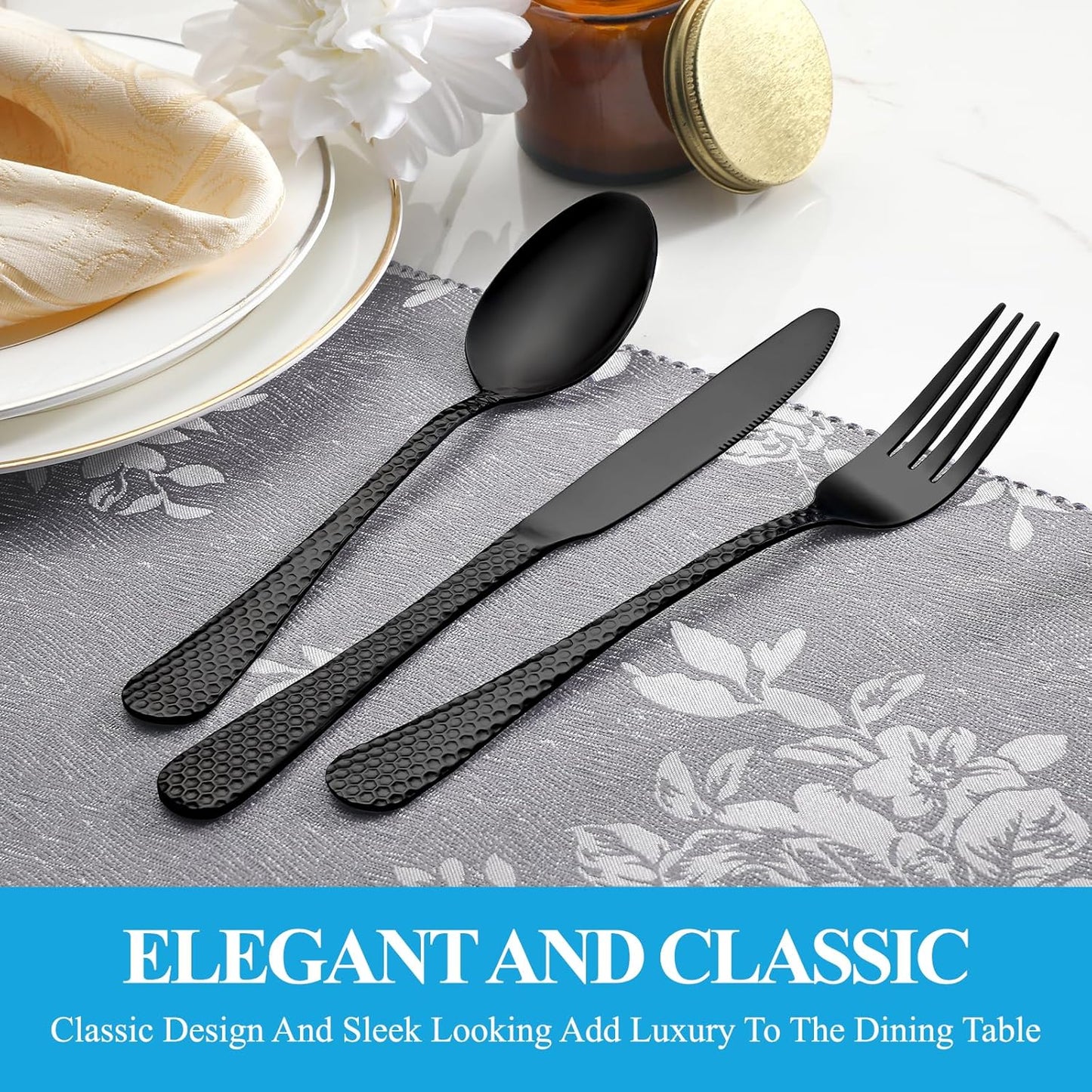 60 Pcs Black Hammered Silverware Set Service for 12,Stainless Steel Flatware Set,Mirror Polished Cutlery Utensil Set,Durable Kitchen Eating Tableware Set,Include Fork Knife Spoon Set,Dishwasher Safe