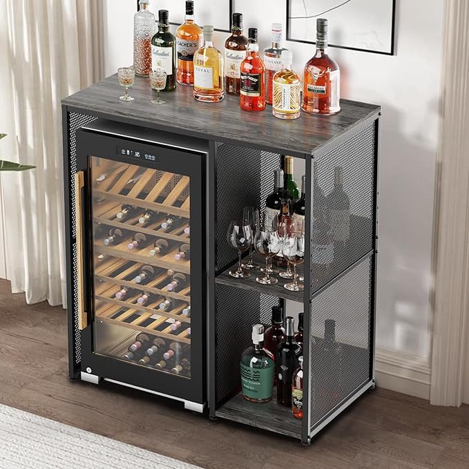3-Tier Coffee Bar Cabinet with Mini Fridge Space, Heavy-Duty Rustic Grey Microwave Stand Baker Rack, Utility Storage Organizer Shelf for Home Kitchen Dorm, Slate Grey