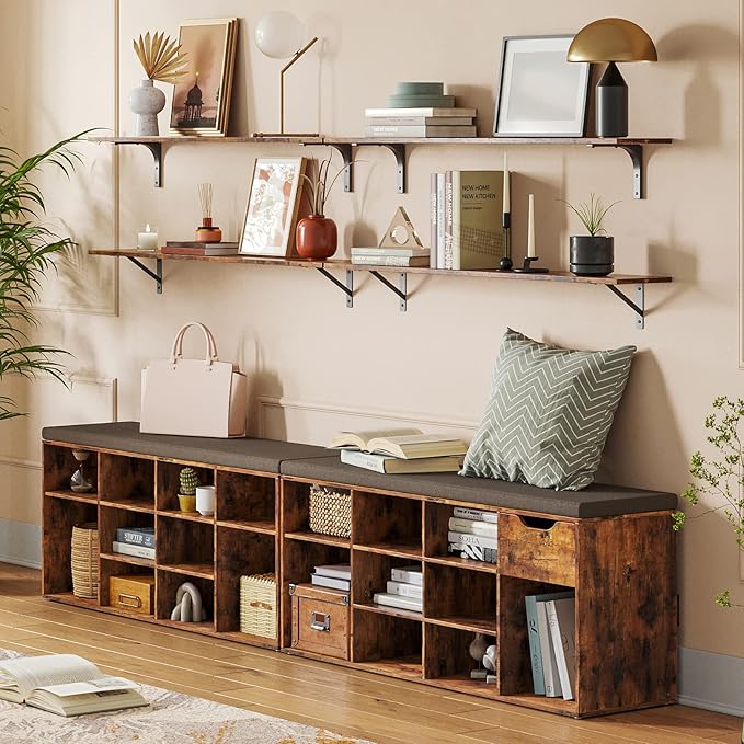 DINZI LVJ Long Wall Shelves, 55.1Inch Wall Mounted Shelves Set of 2, Extra Large Floating Storage Ledges with Sturdy Metal Brackets for Living Room, Bathroom, Bedroom, Kitchen, Rustic Brown