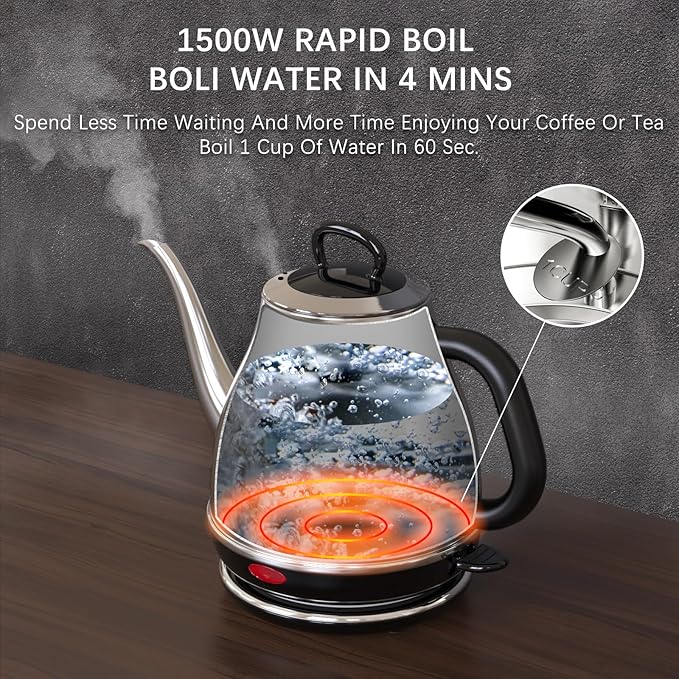 Electric Gooseneck Kettle, 1L 1500W Fast Boil, 100% Stainless Steel BPA Free Pour-Over Coffee & Tea Kettle, Water Boiler with Auto Shut & Boil-Dry Protection, Silver