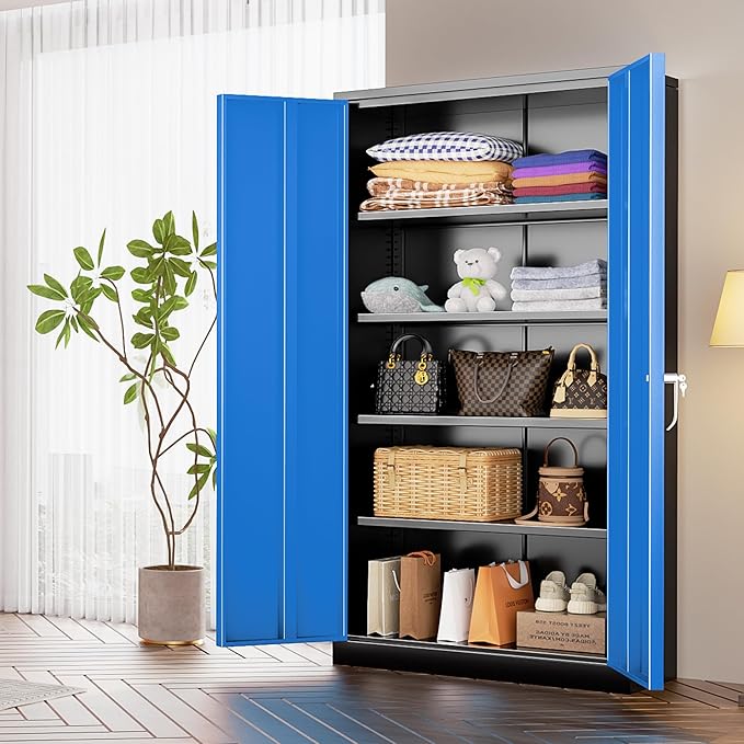 INTERGREAT Storage Cabinet, 72” Steel Locking Closet with Doors and 4 Adjustable Shelves, Tool Unit for Home Office, Garage & Tall Lockable File Cabinet, Black Blue.