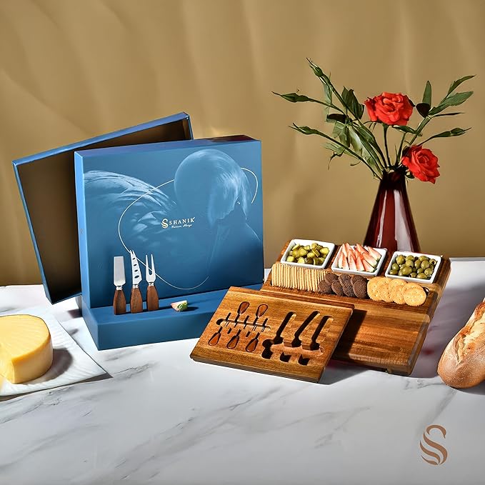 Shanik Large Acacia Wood Charcuterie Board Set with 3 Removable Ceramic Bowls & Serving Utensils - Housewarming, Wedding, Bridal Shower, Home and Kitchen, New Home Gift Ideas for Women, Gifts for Her
