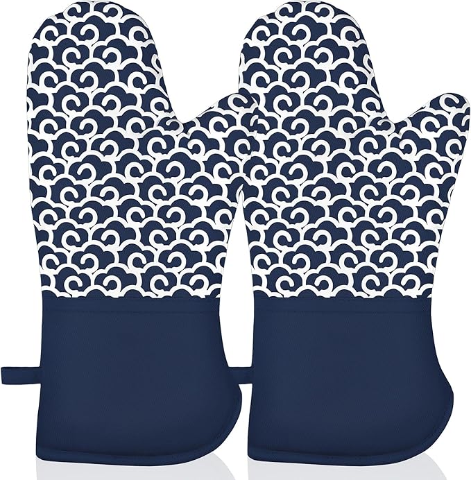 Extra Long Oven Mitts,High Heat Resistant 500 Degree Oven Gloves with Soft Cotton Lining and Non-Slip Silicone, Perfect for BBQ,Baking,Cooking and Grilling- 1 Pair (Blue)