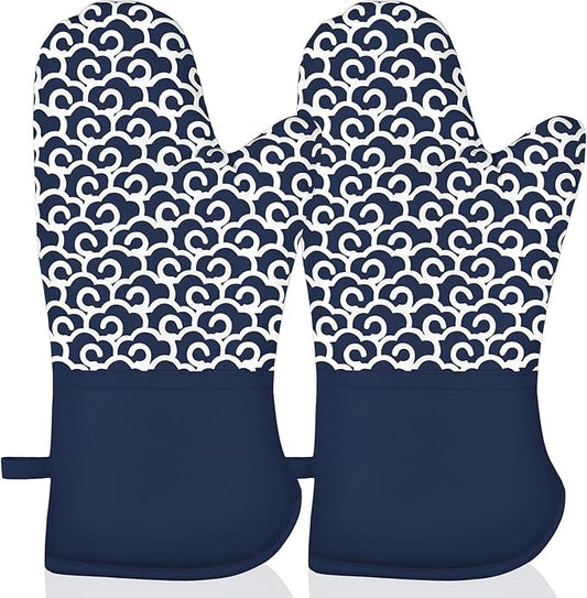 Extra Long Oven Mitts,High Heat Resistant 500 Degree Oven Gloves with Soft Cotton Lining and Non-Slip Silicone, Perfect for BBQ,Baking,Cooking and Grilling- 1 Pair (Blue)