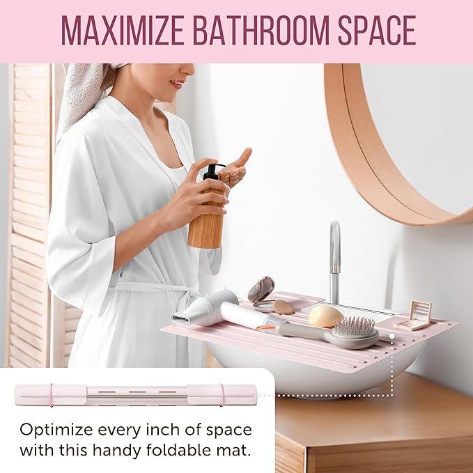 Bathroom Sink Cover for Counter Space, Heat Resistant Silicone Mat & Makeup Mat for Your Beauty Routine, Small Bathroom Space Saver Sink Cover for Makeup (Rose Pink, 22 x 2 x 2 Inches)