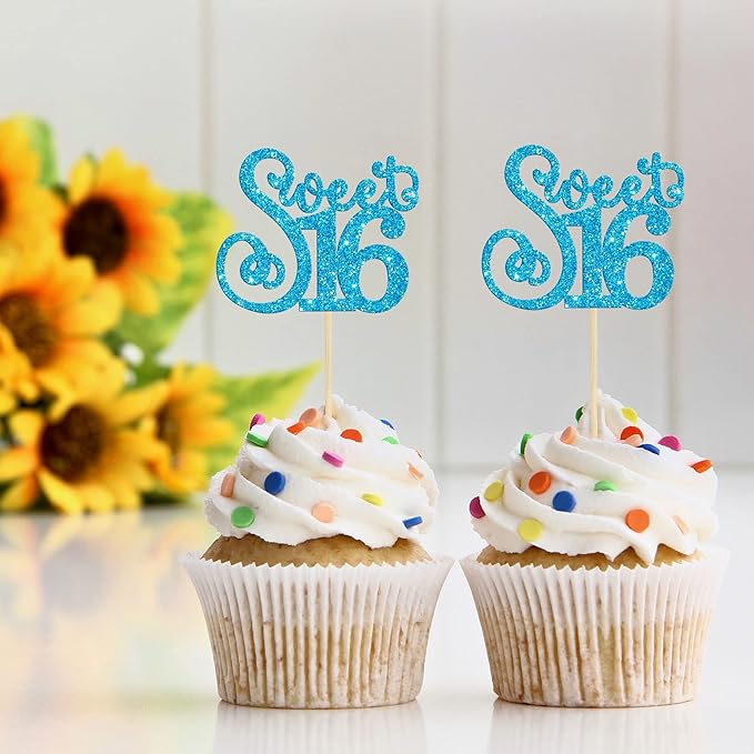 Gyufise 24 Pack 16th Birthday Cupcake Toppers Glitter Sixteen Happy Sweet 16 Cupcake Picks Cheers to 16 Years Old Cupcake Decorations for 16th Birthday Anniversary Party Supplies Light Blue