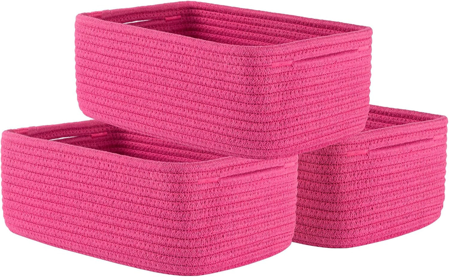 Small Woven Basket, 12 x 8 x 4.5 Inches, Storage Basket for Organizing, Cute Small Rope Shelf Closet Cube Storage Bins Baskets for Shelves, Dog Toy Gift Baskets Empty, 3 Packs, Hot Pink