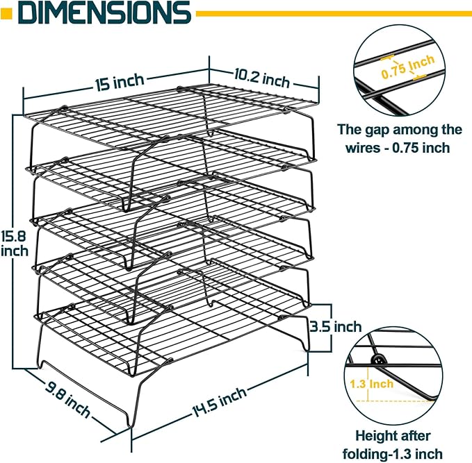 P&P CHEF Cooling Rack, 5-Tier Stainless Steel Stackable Baking Cooking Racks for Cooling Roasting Grilling, Collapsible & Heavy Duty, Oven Safe & Easy Clean, 15" x 10", Black