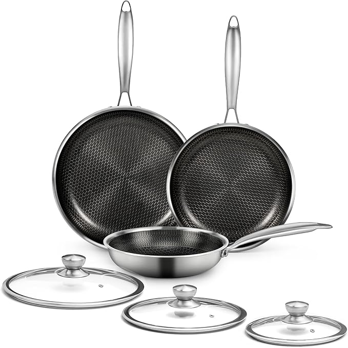 6-Piece Stainless Steel Frying Pan Set with Lids, Honeycomb Nonstick, Induction Compatible, PFOA Free