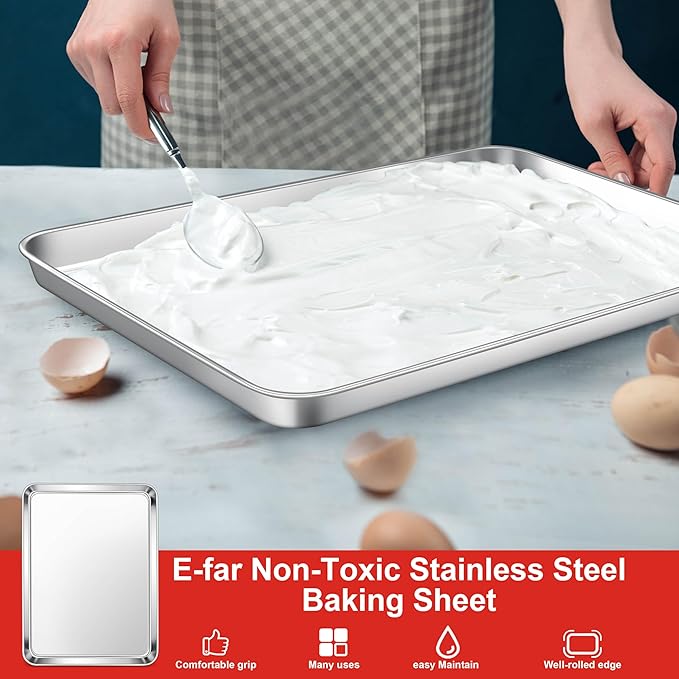 E-far Cookie Sheets Set of 3, 18”x13” Stainless Steel Baking Sheet Pans for Oven, Large Non Toxic Metal Baking Tray for Baking Roasting, Healthy & Rust Free, Mirror Finish & Dishwasher Safe