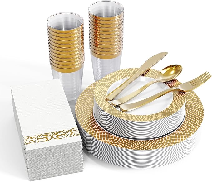 FOCUSLINE 175 Count Gold Dinnerware Set for 25 Guests - Disposable Plastic Plates with Gold Grid, Includes 25 Dinner & Salad Plates, Cups, Napkins, Cutlery Set for Wedding Parties