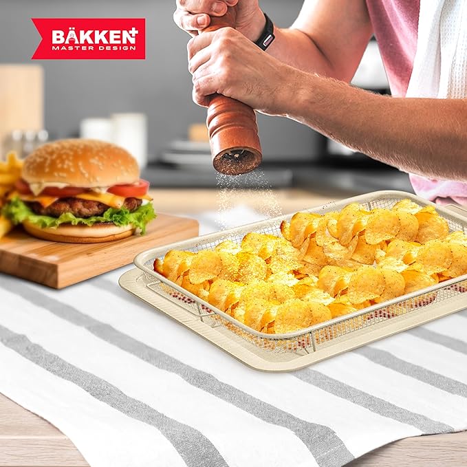 Bakken-Swiss Crisper Tray White marble Coating - 2-Piece Set, Non-Stick Basket Design for Healthier Cooking in Regular Ovens - Make Great Crispy Food, Bacon and More, Extra Large Size 19" x 13"