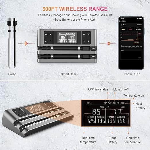 Wireless Smart Meat Thermometer with Dual-Sensor Probe, 500FT Remote Monitoring, Dedicated App, Real-Time Ambient and Food Temperature Tracking for Precise Cooking Control