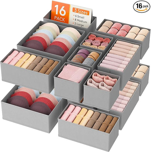 Lifewit Drawer Organizer Clothes for Closet 16 Pack, 3 Sizes Underwear Wardrobe Drawer Dividers, Fabric Foldable Dresser Storage Organizer Bins for Sock, Bra, Lingerie, Undies, Grey