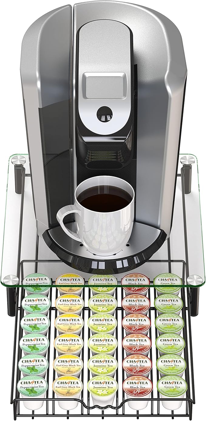 Deco Brothers Crystal Tempered Glass K-Cup Holder Drawer for 30 Coffee Pods Storage, Black