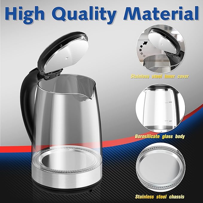 Dezin Electric Kettle, BPA-Free 2L Electric Water Heater, Glass Electric Tea Kettle, 304 Stainless Steel Hot Water Kettle Warmer with Fast Boil, Auto Shut-Off & Boil Dry Protection, for Coffee, Tea