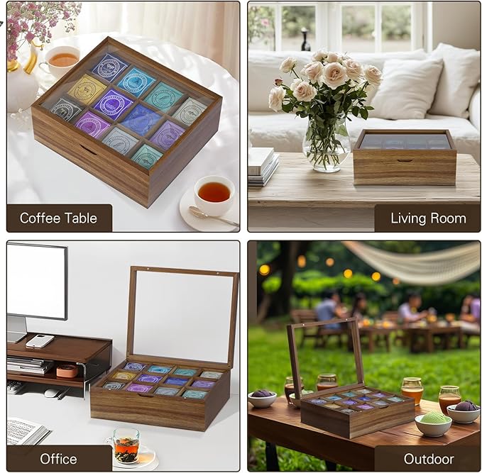 Acacia Wood Tea Bag Organizer, 12 Compartments Tea Box Organizer Storage Box, Teabag Holder Organizers with Clear Acrylic Window, Magnetic Lid and Removable Dividers