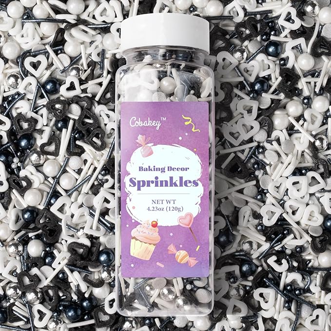 Black and White Heart Sprinkles for Cake Decorating 4.23ounce - Sugar Mix Contains Heart & Silver Pearl Sprinkles for Cupcake Toppers, Ice Cream, Candy, Cookie Decorations - Holiday Party Supplies