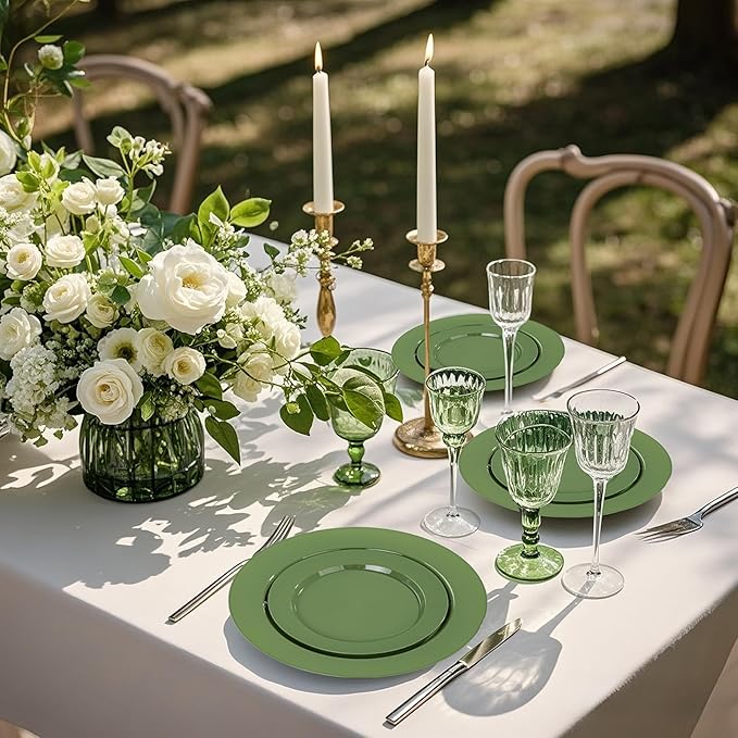 I00000 200 Pcs Green Plastic Plates, Green Disposable Plates Include 100 Dinner Plate 10’’ and 100 Dessert Plate 7’’ Perfect for Birthday, Party & Wedding