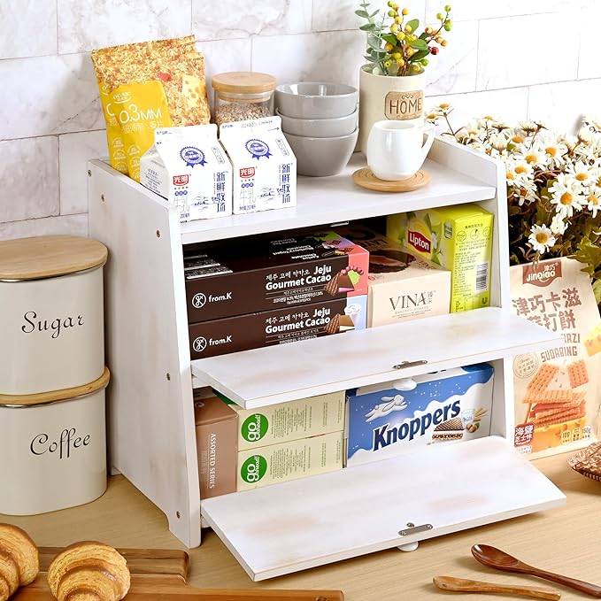 Ollieroo Vintage Double Layer Bread Box for Kitchen Countertop, Bamboo Bread Storage Container, Breadbox for Homemade Bread, Large Capacity Bread Bin(White)